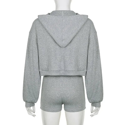 Solid Sport 3 Piece Set Crop Vest Hoodie Tracksuit Women Casual Sweatshirt Coat Mini Short Matching Set Sportswear 3 PCS Outfit