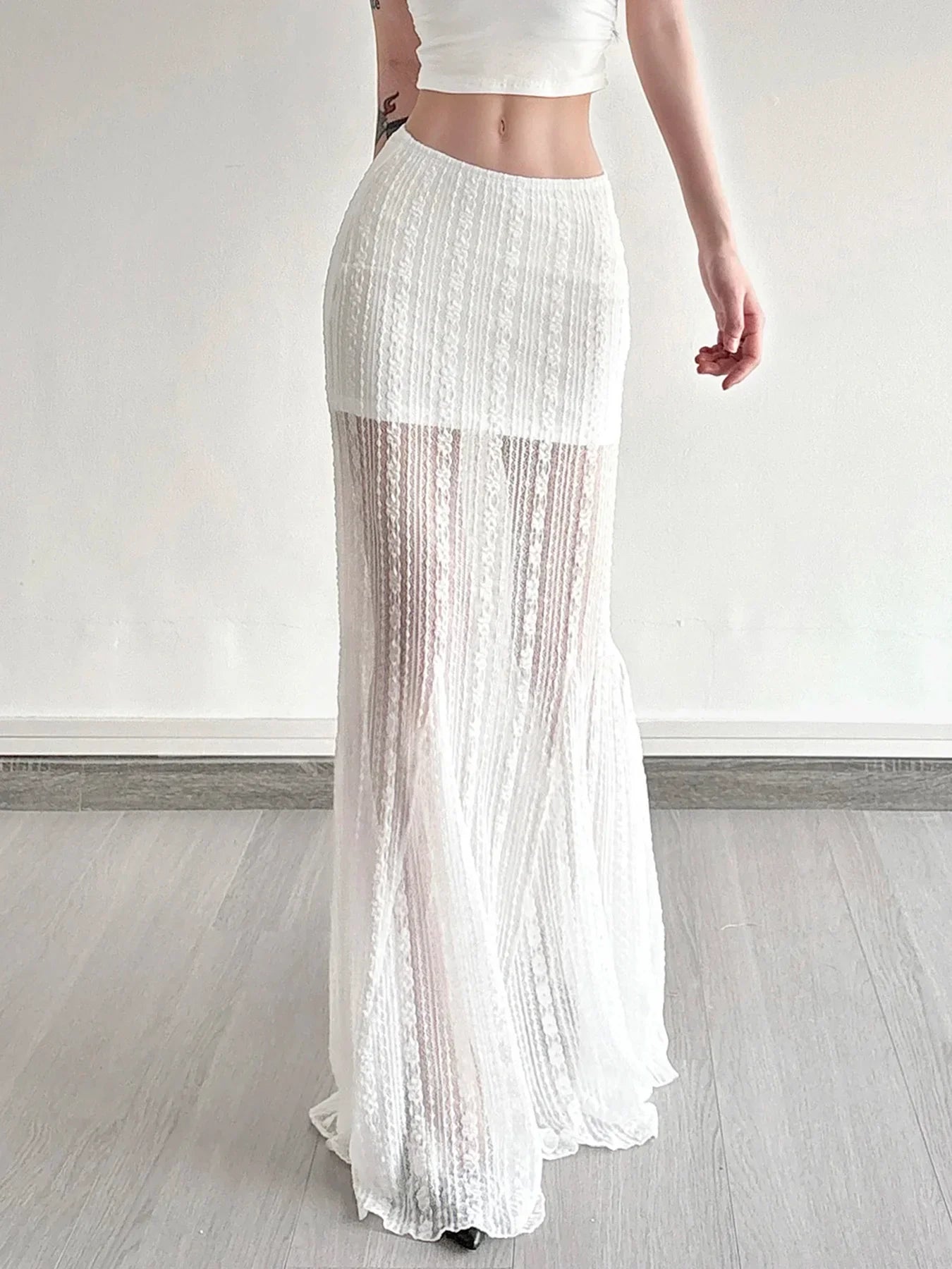 Solid Simple Lace Sheer Chic Women Long Skirts Fashion Summer Causal All-Match Women Dresses