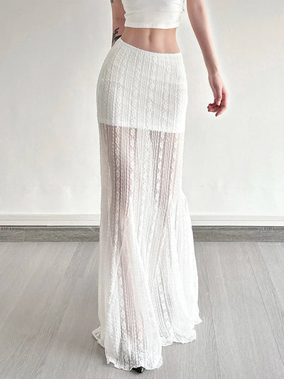 Solid Simple Lace Sheer Chic Women Long Skirts Fashion Summer Causal All-Match Women Dresses