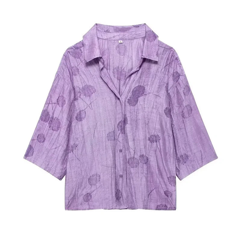 Women's Jacquard Oversized Shirt Trousers Short Sleeves Suit Lapel Shirt High Waist Elastic Straight Leg Pants Chic Female Set