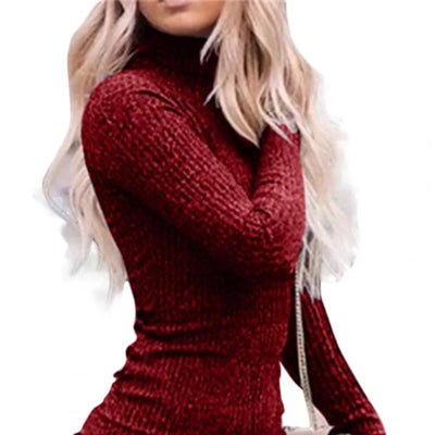 Women Sheath Dress Sexy High Collar Sexy Slim Spring Dress Lady Sweater Anti-shrink Stretch Bodycon Pullover Mini Sweater Dress
