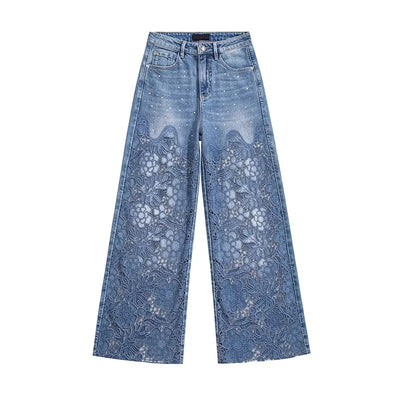 Summer Women Lace Floral Embroidery Wide Leg Denim Pants Spliced Loose Fit High Waist Hollow Out Jeans Streetwear Long Trousers