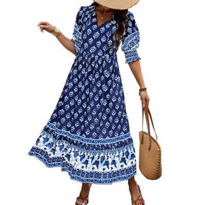 dresses for women Fashion summer Casual long dresses Bohemian V-Neck Printed High Waisted Big Swing Dress vestidos cortos