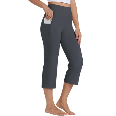 Women  Elastic High Waist 3/4 Pant Casual Active  Fit Wide Capris Leg Pants Trousers With Pockets Pants Woman брюки женские