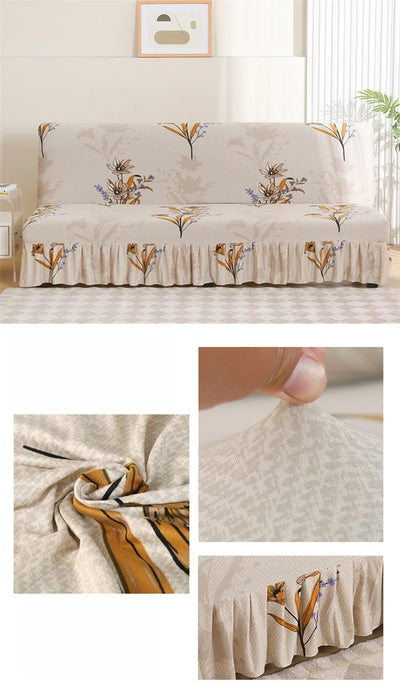 1/2/3Seater Sofa Bed Cover with Skirt Elastic Printing Seat Cover Armless Sofa Bed Cover Sofa Covers for Living Room Home Decor