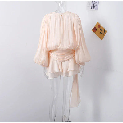 Ruffles Mini Dress Women Lace Up  V Neck Long Sleeve Pleated Female Dresses 2025 Elegant Summer Autumn Street Loose Ladies Robes