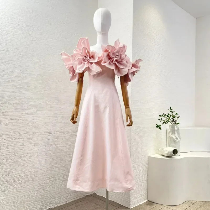 2025 New Design Spring Summer Strapless Pink Flowers High Quality Appliqued Decoration Women Midi Dress - Elanique