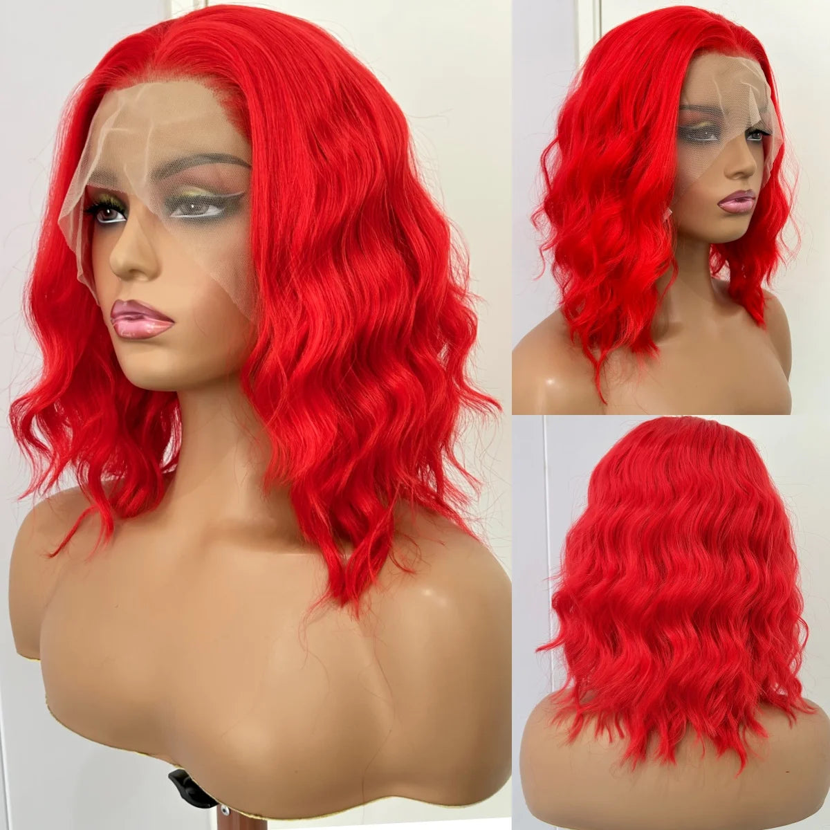 Short Curly Wavy Red Hair Wig Synthetic Free Part Shoulder Length 12 Inch Short Bob Wig 13X4 Lace Front Wigs for Women Party