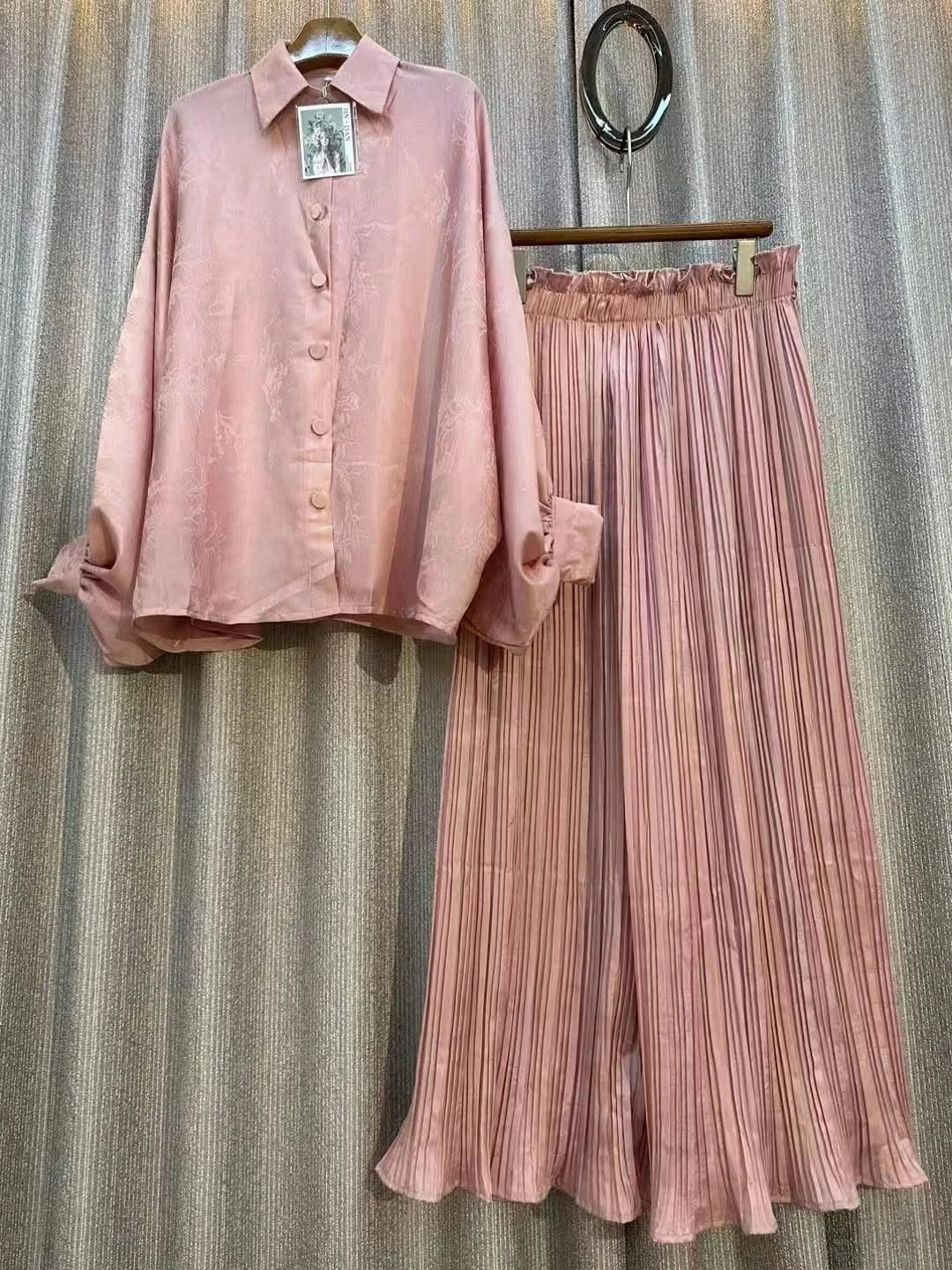 Summer Outfits For Women 2023 Fashion Set Chic and Elegant Wide Printed Shirt Two-piece High Waist Pleated Wide Leg Pants Sets