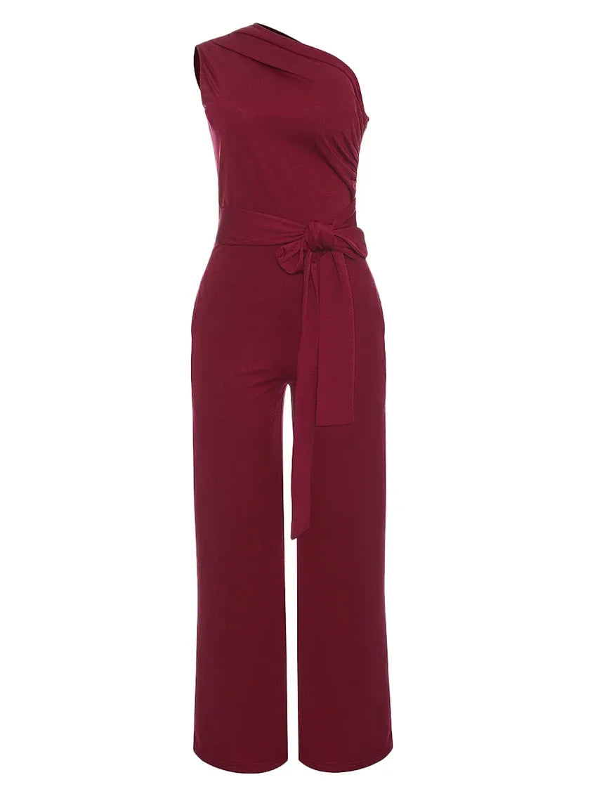 Women's Jumpsuit Solid Skew Collar Crop Top Straight Pants Belt Sexy Sleeveless Loose Pants Elegant Charming Playsuits 2024