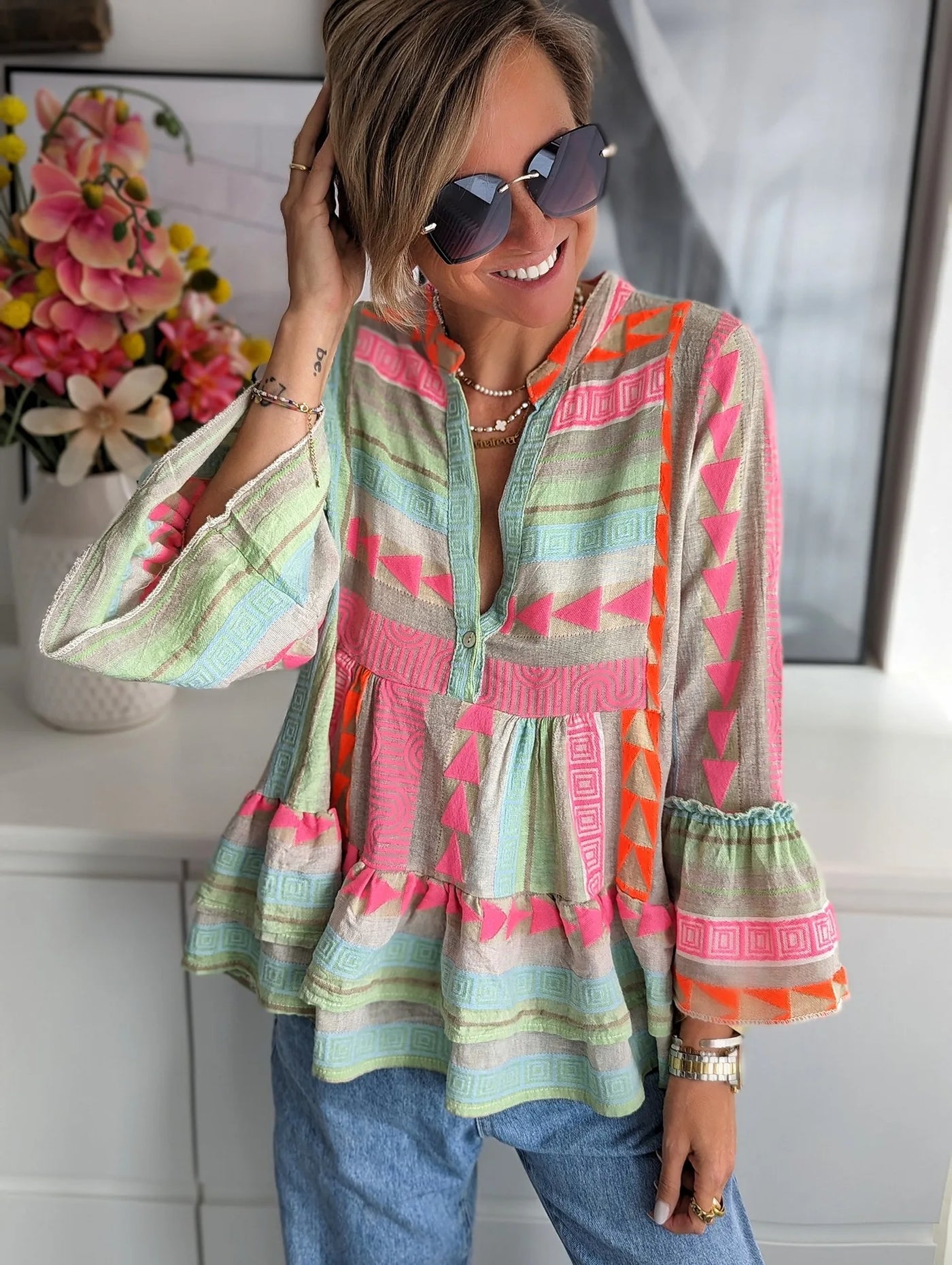 Women Loungewear Shirts V-Neck Long Flare Sleeve Fashion Ruffles Ladies Pullover Blouses 2023 Patchwork Streetwear Dropshipping