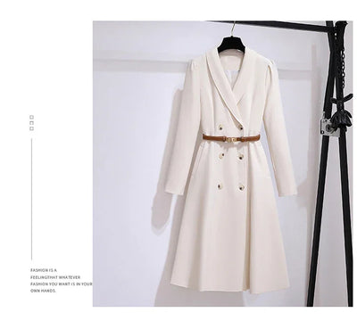 Women's Dress Double Breasted Elegant Dresses for Women 2025 Autumn Off white Dress Belt Knee-Length Solid Fashion Woman Clothes