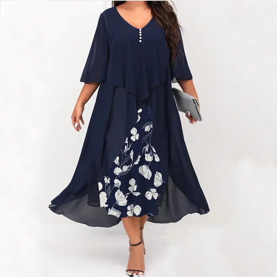 Summer Plus Size Dresses For Women New Casual Patchwork Flower Print Long Sleeve Dress Retro Elegant Female Dresses