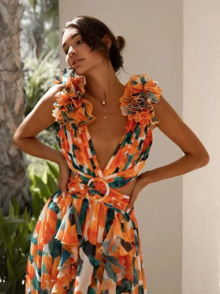 Summer Sleeveless Floral Dress for Women Deep V Neck Flower Print Backless Ruffles Long Dresses Beach Holiday Party Sundress