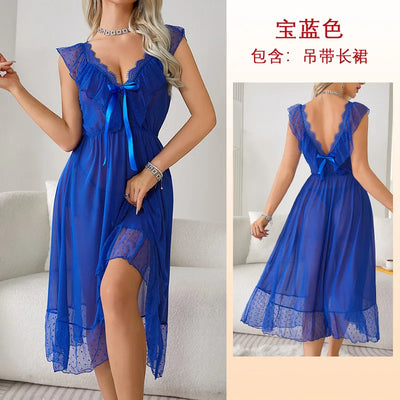 Women's Sexy Lingerie Nightgown Semi Sheer Babydoll Sleepwear Dress With Polka Dots Bow Knot Decor Summer Mesh V-Neck Loungewear