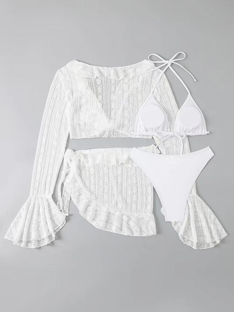 2025 Sexy Four-piece Women Swimsuit Long-sleeve Cover-up Swimwear Summer Solid Bikini Set Brazilian Beachwear Party bathing suit