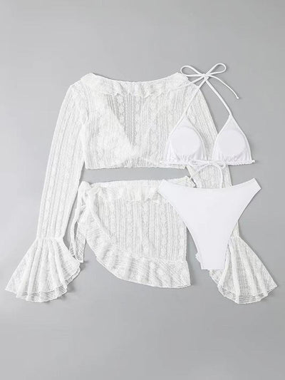 2025 Sexy Four-piece Women Swimsuit Long-sleeve Cover-up Swimwear Summer Solid Bikini Set Brazilian Beachwear Party bathing suit