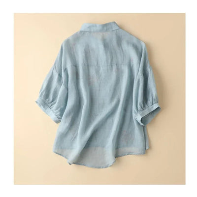 Summer Seven Point Cotton Linen Embroidered Shirt for Women 2024 New Literary Loose Temperament Lapel Casual Top for Women