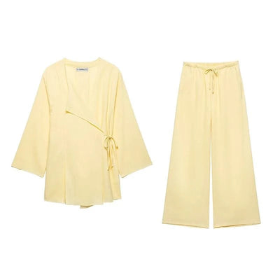 TFMLN Fashion Linen 2 Pieces Women 2024 Spring Summer Kimono Style Loose Lace Up Shirts Tops Women's Wide Leg Pants Sets