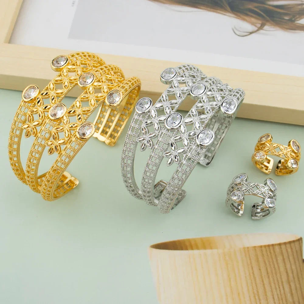 Luxury Bracelet Rings Dubai France Female 18k Gold Color Bangles For Women Bride Bangles Wedding Bracelet with Rings