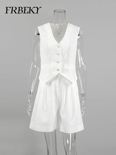 New Cotton Linen Vest Short Sets Casual Sleeveless Undershirt Shorts Sets for Women 2 Pieces Outfit Office Lady White Pant Sets
