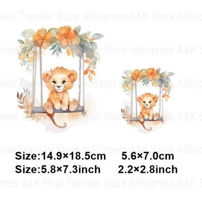 Baby Animal On Swings Heat Transfers For Kids Clothing Elephant Tigers Lion Stickers On Clothes Diy Thermal Patches Decals