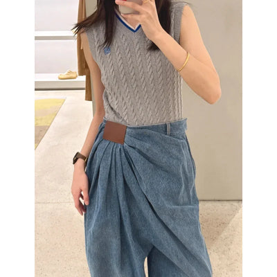 American Wide Leg Denim Pants For Women In Spring And Autumn Fashionable Pleated Design Loose Floor Length Pants
