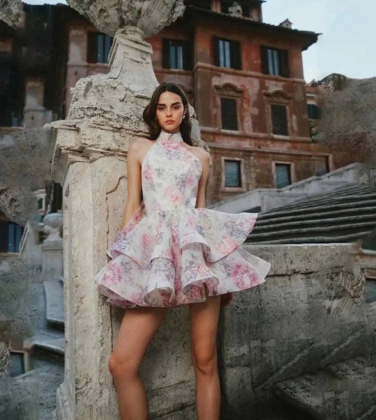 Elegant Floral Short Dress Summer Holiday Outfits Women Layered Party Dresses Sexy Halter Bow Lace-up Ruffled Hem Puffy Dress
