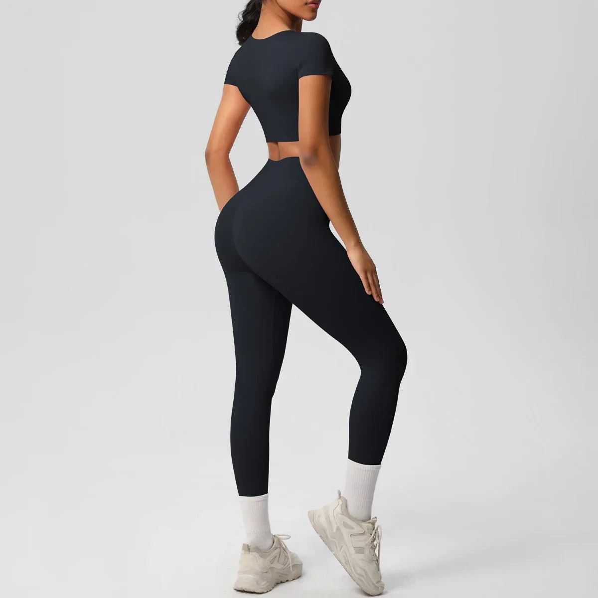 Yoga Set 2 Pieces Women Tracksuits Workout Sportswear Gym Clothing Fitness Short Sleeve With Padded High Waist Leggings Suits