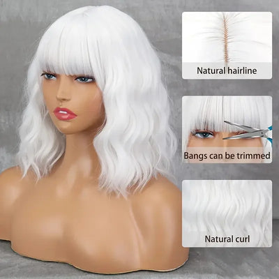 12Inch Women's White Synthetic Wig with Bangs Short Wavy Bob Haircut Layered Curly Ends Natural Look for Cosplay Event Hairstyle