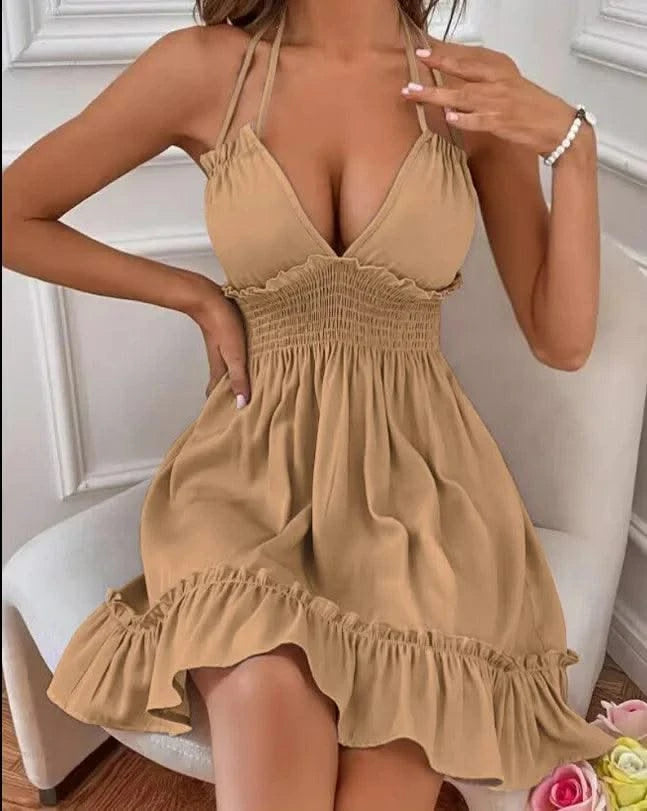 Summer Dresses For Women Trendy Solid Boho Dress V Neck Sleeveless Halter Backless Sundress Ruffles Holiday Beach Dresses