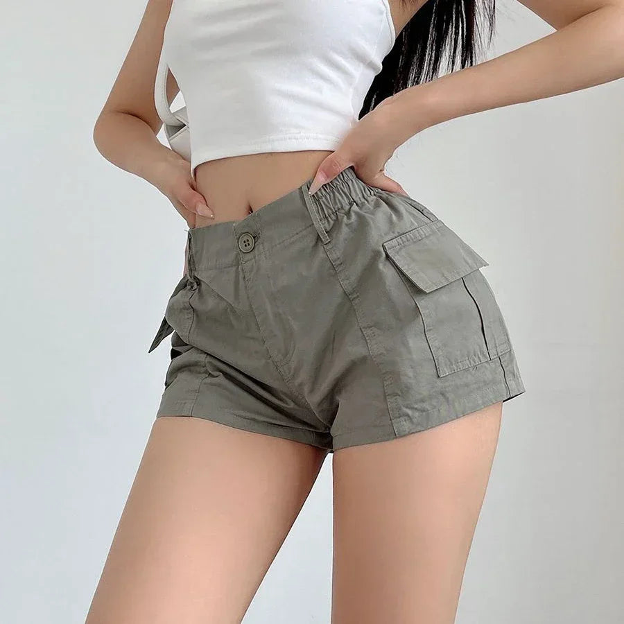 Short Pants Woman Cargo Micro Mini with Pockets Elastic Waist Flowy Harajuku Shorts for Women Fashion To Wear Youthful Elasticty