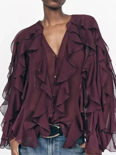 Ruffles Elegant Shirts & Blouses for Women 2025 Long Sleeve Semi-Transparent Tops For Women Spring Shirt And Blouse Top
