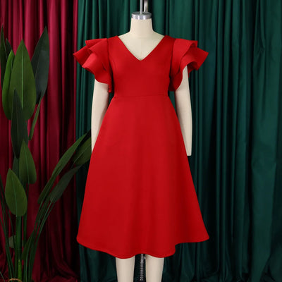 Elegant Party Dresses for Women V Neck Ruffles Sleeve High Waisted A Line Mid Calf Luxury Birthday Dinner Vestidos Mujer Dress