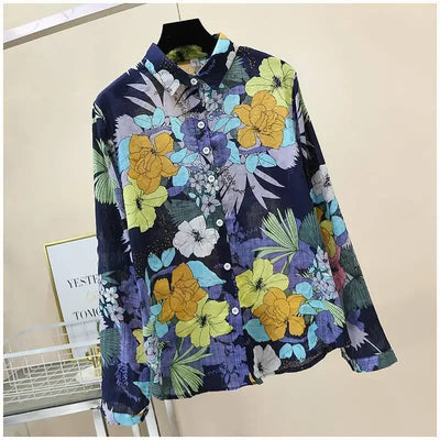 Spring Autumn Cotton Linen Casual Fashion Floral Print Shirt Ladies Loose All-match Sweet Blouse Femme Comfortable Top Women