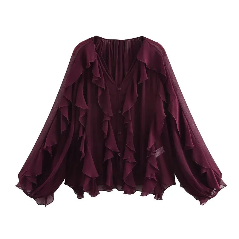 MUJER Ruffle Womens Blouses Semi Sheer Casual Blouses Woman Spring Fairy Shirts and Blouses for Lady Long Sleeve Tops Woman 2025