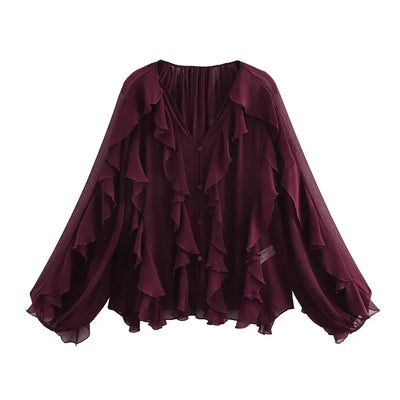 MUJER Ruffle Womens Blouses Semi Sheer Casual Blouses Woman Spring Fairy Shirts and Blouses for Lady Long Sleeve Tops Woman 2025