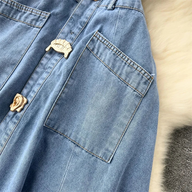Designer Denim Dress Women Long Dresses Single Breasted Big Turn-down Collar Waist Slimming Temperament Split A-Line Vestidos