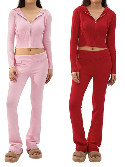 Women Tracksuit  Knit Lounge Set Long Sleeve Zip Up Hoodie with High Waist Wide Leg Pant 2 Piece Sweater Ensemble Casual Set