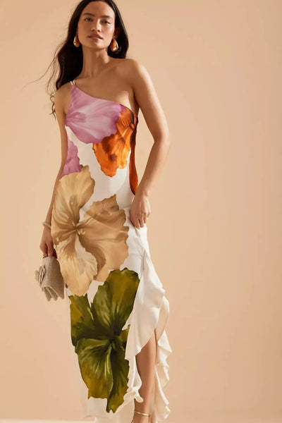 Women's Dress 2025 New Summer Floral Print One-shoulder Elegant Party Evening Maxi Dresses Fashion Vacation Beach Dress