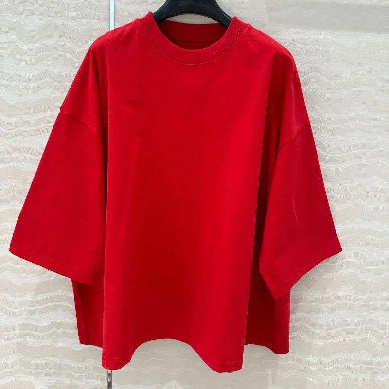 100% Cotton White Top Shoulder-loose High-end Short-sleeved Women T-shirt