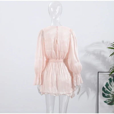 Ruffles Mini Dress Women Lace Up  V Neck Long Sleeve Pleated Female Dresses 2025 Elegant Summer Autumn Street Loose Ladies Robes
