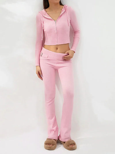Women Tracksuit  Knit Lounge Set Long Sleeve Zip Up Hoodie with High Waist Wide Leg Pant 2 Piece Sweater Ensemble Casual Set
