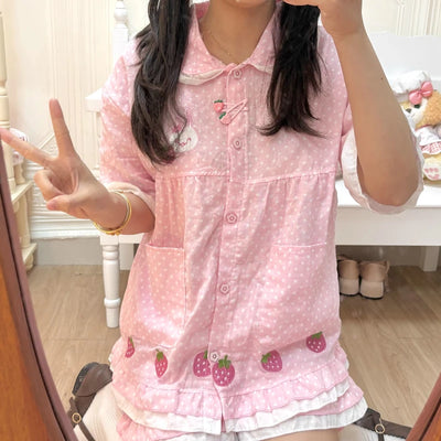 Spring Summer Women's Loungewear Cotton Yarn Pink Polka Dot Long-sleeved Top Fruit Print Sweet Short-sleeved Pajama Suit Female