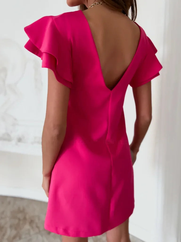 Women Ruffle Short Sleeve Mini Party Dress Summer Female Slim Backless Tshirt Dresses HY-W220217