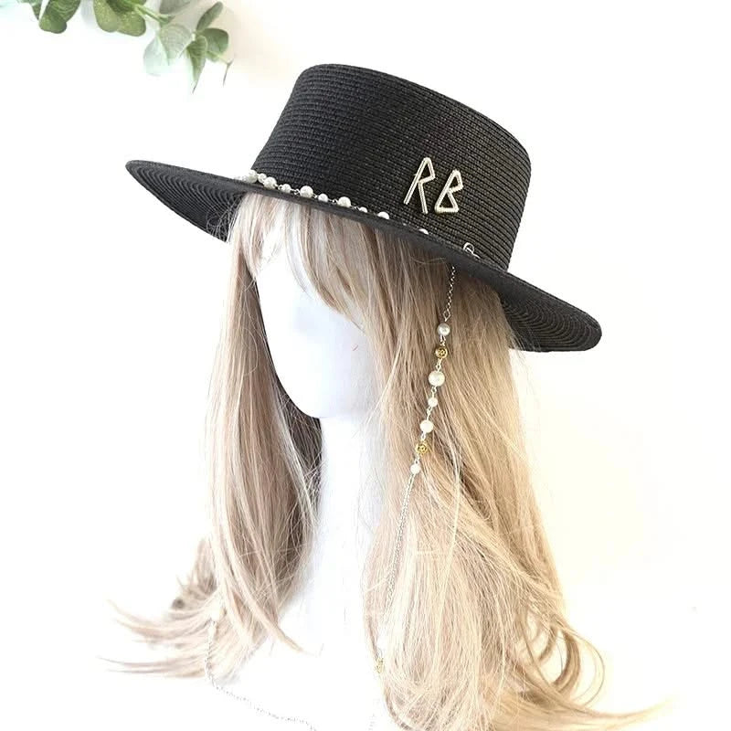 New Women Summer Hats Straw Sun Hat Panama Elegant Straw Fedoras Lady Girl Outdoor Vacation with Pearl Chain Sunshade Beach Hat