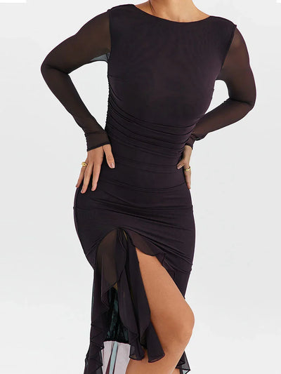 Women Midi Dress Long Sleeve Irregular Mesh Ruffles Mermaid Dress Sexy Backless Party Cocktail Dress