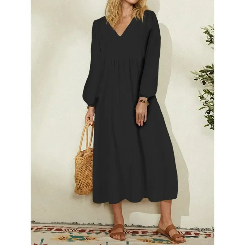 Women's fashion European and American dress Women's clothing Cotton linen loose lantern sleeves