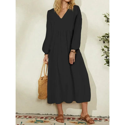 Women's fashion European and American dress Women's clothing Cotton linen loose lantern sleeves