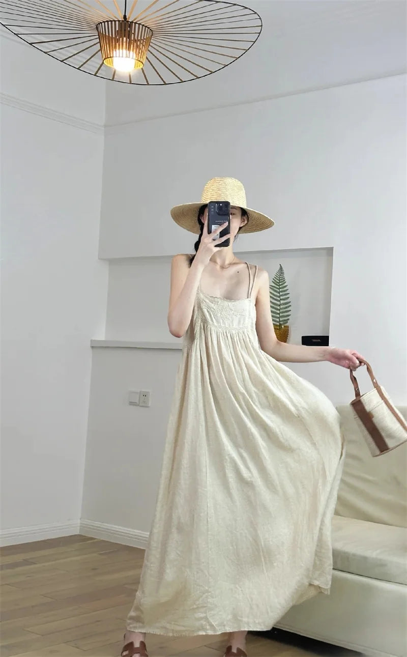 Women's Dresses New Summer 2025 Embroidered Decorative Midi Dress Sexy Suspenders Open Back Design Personality and fashion
